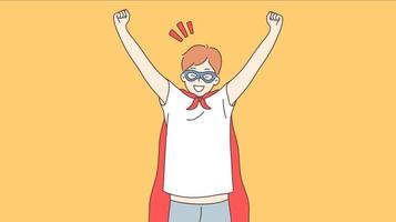 Superman, successful win, happiness concept. graphic video portrait of young happy smiling cheerful boy child kid in superhero suit raising hands. Inspiration and victory motion design footage.