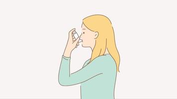 gezondheidszorg, ziekte, probleem concept. 3d grafisch video portret van ziek ziek astmatisch vrouw karakter toepassingen inhalator gedurende astma symptoom voor longen adem. problemen met ademen beweging ontwerp beeldmateriaal