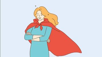 femme supergirl, succès, concept de force. Portrait vidéo graphique 3d d'une jeune femme souriante et confiante, personnage de dessin animé de super-héros, debout avec les bras croisés. images de conception de mouvement de puissance féminine. video