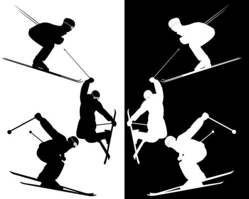 Skiers on a black and white background