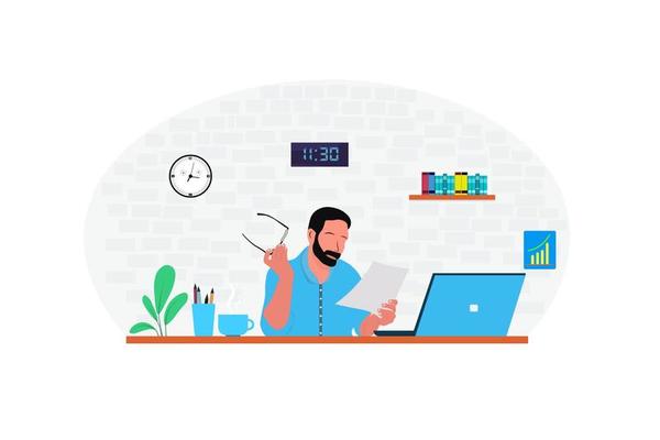 Home office workplace.The young man is an employee at work.Designer colored working place composition. Cartoon flat apartment room interior with computer on table for  comfort chair.