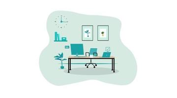 Table in empty office room. Interesting design in office space for employees, rent and sale of office. Full ad banner, poster, web. modern interior. Vector cartoon image