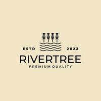 pine tree with river creek logo line art design vector