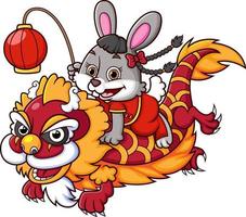 Happy Chinese New Year Lion Dance with cute rabbit character vector