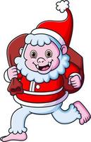 Yeti running with santa costume and holding a bag vector