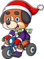 Cute Dog Riding Bicycle and wearing santa hat vector