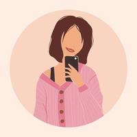 Flat vector illustration of a cheerful modern fashionable girl. Beautiful independent woman dressed in stylish clothes is taking a selfie. Portrait of a brunette with a short haircut in a cardigan.