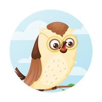 Vector cartoon round banner with cute wise owl on blue sky background with clouds.