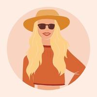 Flat vector illustration of a cheerful modern fashionable girl. Strong beautiful independent woman dressed in stylish clothes. Portrait of a blonde with long hair in a hat and sunglasses.