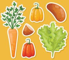 Set of isolated vector images of vegetables and herbs for salad. A collection of bright healthy vitamin products. Ready-made vegetarian food stickers. Bell pepper, lettuce, carrots and potatoes.