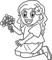 Spring Girl Picking Flower Isolated Coloring Page vector