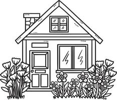 Spring House With Garden Isolated Coloring Page vector