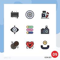 Pack of 9 creative Filledline Flat Colors of flash camera on off medicine switch setting Editable Vector Design Elements