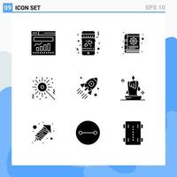 9 Universal Solid Glyphs Set for Web and Mobile Applications startup rocket content launch bengal fire Editable Vector Design Elements