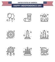 Set of 9 Vector Lines on 4th July USA Independence Day such as sight landmark building sign police Editable USA Day Vector Design Elements