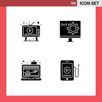 conjunto de 4 paquetes de glifos sólidos comerciales para programación de anuncios reproducir computadora en línea elementos de diseño vectorial editables vector