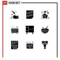 Universal Icon Symbols Group of 9 Modern Solid Glyphs of home transport report public shower Editable Vector Design Elements