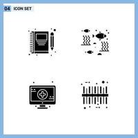 Group of 4 Modern Solid Glyphs Set for book under water pencil fishing monitor Editable Vector Design Elements