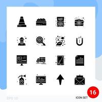 Pack of 16 creative Solid Glyphs of employee lens discount photography camera Editable Vector Design Elements