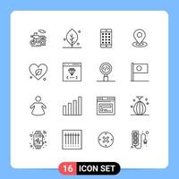 Group of 16 Outlines Signs and Symbols for world heart mobile hotel map Editable Vector Design Elements