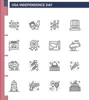 Pack of 16 creative USA Independence Day related Lines of day calendar star american american Editable USA Day Vector Design Elements