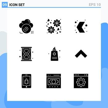 9 User Interface Solid Glyph Pack of modern Signs and Symbols of fountain productivity arrow loading pointer Editable Vector Design Elements