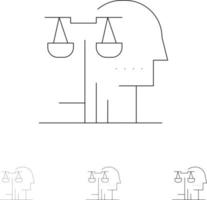 conjunto de iconos de línea negra en negrita y delgada ley de juicio humano de tribunal de elección vector