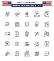 Set of 25 Modern Lines pack on USA Independence Day greeting email achievement american tent Editable USA Day Vector Design Elements