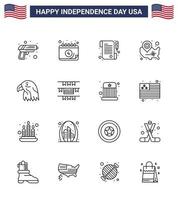 Pack of 16 USA Independence Day Celebration Lines Signs and 4th July Symbols such as bird location pin paper wisconsin states Editable USA Day Vector Design Elements