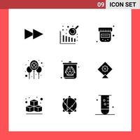 Set of 9 Vector Solid Glyphs on Grid for festival waste celebrate pollution bin Editable Vector Design Elements