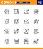 conjunto de iconos covid19 para el paquete infográfico de 16 líneas, como virus médicos, vacunas, bacterias, farmacia, tazón, medicina, coronavirus viral, 2019nov, elementos de diseño de vectores de enfermedades