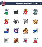 feliz día de la independencia 16 líneas llenas planas paquete de iconos para web e imprimir papas fritas papas fritas rápidas botella de bebida elementos de diseño vectorial del día de estados unidos editables vector