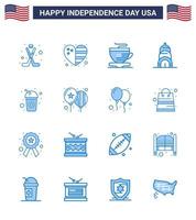 Big Pack of 16 USA Happy Independence Day USA Vector Blues and Editable Symbols of soda cola tea bottle building Editable USA Day Vector Design Elements