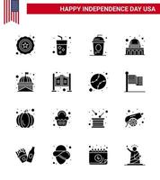 Set of 16 Modern Solid Glyphs pack on USA Independence Day house wisconsin cole usa capitol Editable USA Day Vector Design Elements