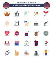 Set of 25 Vector Flats on 4th July USA Independence Day such as burger frankfurter summer food festival Editable USA Day Vector Design Elements