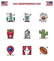 Set of 9 Vector Flat Filled Lines on 4th July USA Independence Day such as cactus drink soda cola usa Editable USA Day Vector Design Elements