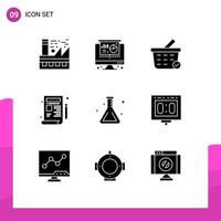 Set of 9 Vector Solid Glyphs on Grid for flask school buy drawing design Editable Vector Design Elements