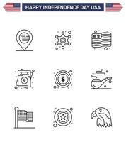 Group of 9 Lines Set for Independence day of United States of America such as dollar usa country wedding love Editable USA Day Vector Design Elements