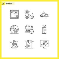 Group of 9 Modern Outlines Set for done checked hill car media Editable Vector Design Elements