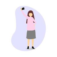 Vector illustration design of a woman standing holding a smartphone and taking a selfie