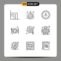 Mobile Interface Outline Set of 9 Pictograms of fire hose hotel year food navigation Editable Vector Design Elements