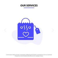 nuestros servicios bolso amor corazón boda icono de glifo sólido plantilla de tarjeta web vector