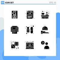 Universal Icon Symbols Group of 9 Modern Solid Glyphs of science education chat printing printer Editable Vector Design Elements