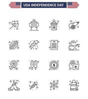 Pack of 16 creative USA Independence Day related Lines of hotdog weapon usa war army Editable USA Day Vector Design Elements