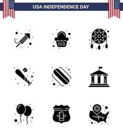 gran paquete de 9 ee.uu. feliz día de la independencia ee.uu. vector glifos sólidos y símbolos editables de los deportes americanos adorno bat ball elementos de diseño vectorial editables del día de ee.uu.