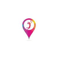 female volleyball player map pin shape concept logo.Abstract volleyball player jumping from a splash. Volleyball player serving ball. vector