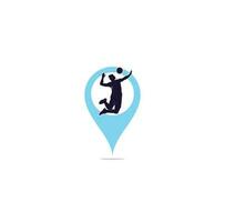 Volleyball player map pin shape concept logo. Abstract volleyball player jumping from a splash. Volleyball player serving ball. vector