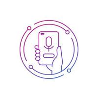 voice control and audio recognition line icon with a phone in hand vector