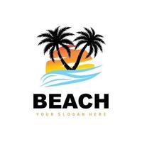 Coconut Tree Logo With Beach Atmosphere, Beach Plant Vector, Sunset View Design vector