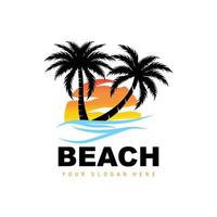 Coconut Tree Logo With Beach Atmosphere, Beach Plant Vector, Sunset View Design vector